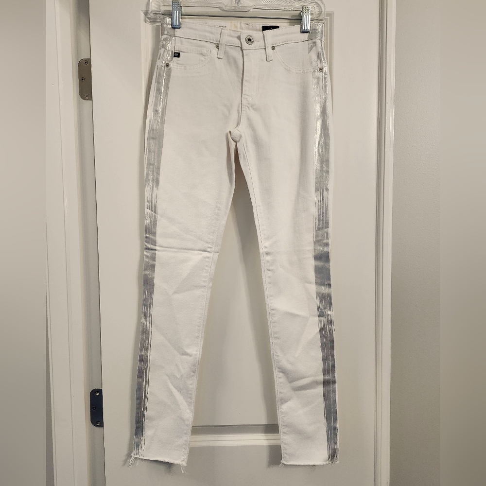 AG Adriano Goldschmied Skinny Legging Jeans in White and Silver Like New